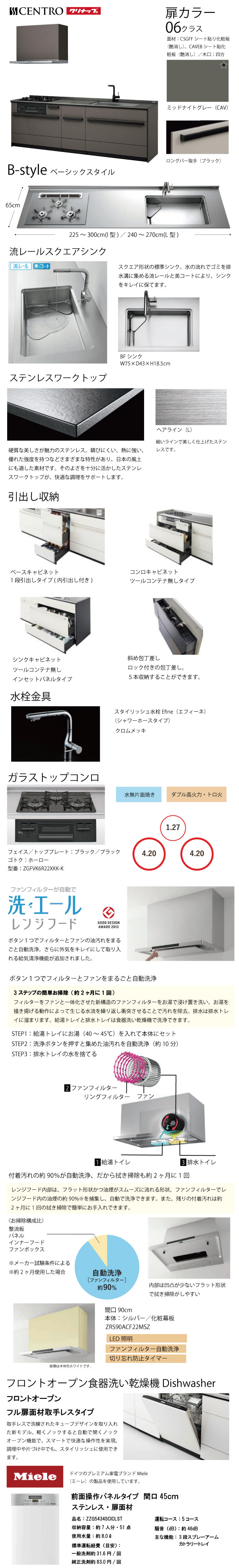 システムキッチン セントロ(CENTRO) クリナップ 間口2550mm 間口255cm I型 奥行65cm ミーレ食洗機付  扉カラー：ミッドナイトグレー セントロ コンパネ屋 本店