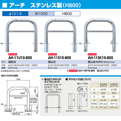 アーチ 車止め φ101.6(t4.0)×W1000×H800mm カラー:ステンレス [AH