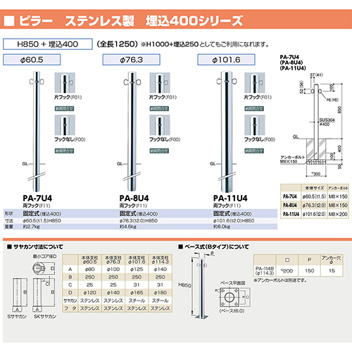 s[ Ԏ~ 400 101.6(t2.0)~H850{400mm J[:XeX [PA-11U4-F00] T|[ 󒍐Yi LZs [1 [J[